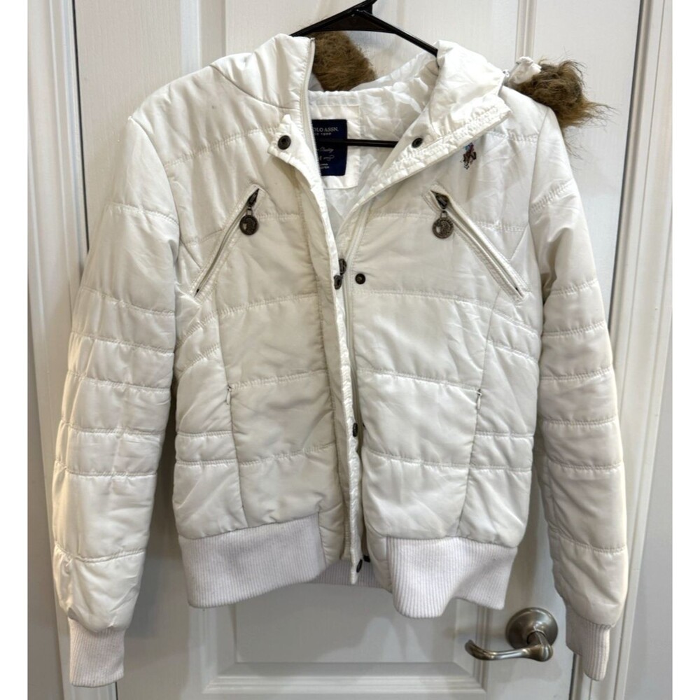 Vintage Womens U.S. Polo ASSN. Y2K Fur Hooded Puffer Jacket SZ M White